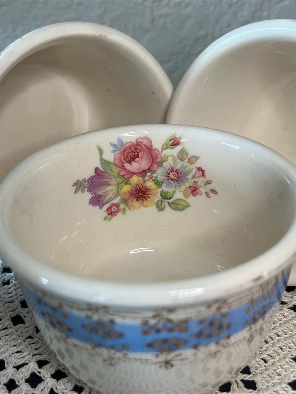 Antique W.S. George Bolero French Bouquet Glazed Stoneware Custard Ramekin Cups